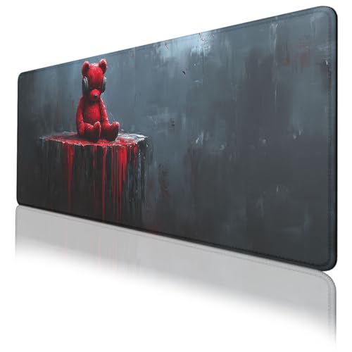 Bear Gaming Mouse Pad Dark Gothic Headphones Blood Art Large Gaming Mouse Mat with Stitched Edges,Non-Slip Waterproof Rubber Base Mous Mat Office Computer Keyboard Laptop 31.5x11.8 Inch - color: Bear_04, size: 31.5L x 11.8W inches
