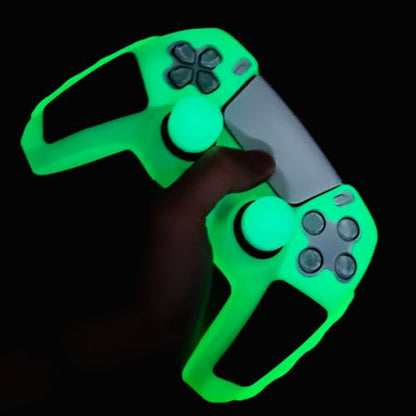 Green Glow in the Dark Silicone Protective Case for PS5 Controller, Anti-Slip Thick Soft Cover, Includes 8-in-1 Thumb Grip Caps + 2 Cat Paw Caps – Ergonomic Shockproof - color: Glow Green Black