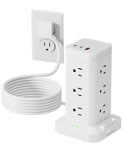 Power Strip Tower with Surge Protector 1800J, Fast Charging Tower PD20W USB-C Ports with 12 AC Outlets, Extension Cord for Home Office Dorm Room, 6ft, White - color: White, size: 6ft