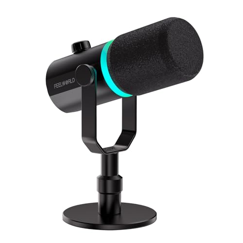 FEELWORLD PM1 XLR USB Black Metal Podcast Dynamic Microphone with Desktop | PC Computer Gaming Streaming Mic with RGB Light, Studio Vocal Mic for Singing Recording Gifts, Mute Button, Headphones Jack - color: Black