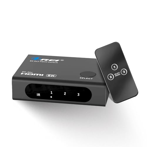 OREI 8K 3-Port HDMI 2.1 Switch, 3-in 1-Out, 8K@60Hz, CEC, HDR, IR Remote | hdmi switch with remote, hdmi switcher 3 in 1 out, 48Gbps, HDCP 2.3, 4K@120Hz/165Hz, PS5/Xbox - size: 3x1 8K HDMI Switch