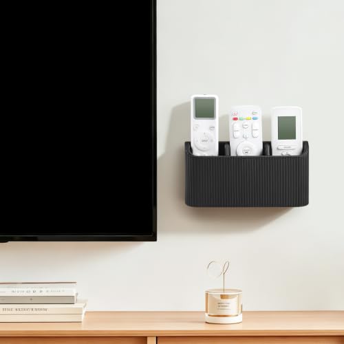 Remote Control Holder Wall Mount TV Remote Holder Caddy Organizer | PU Leather, Self Adhesive, 3 Compartments, Soft Velvet Lining, Aesthetic Stripes - color: Black