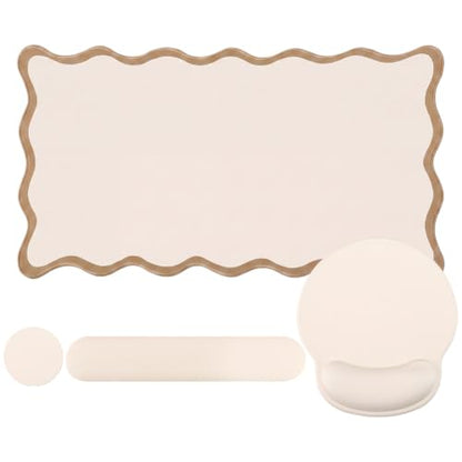 Sabary Scalloped Desk Mat Keyboard Mouse Pad Set 31.5 x 15.7 Inch Beige Preppy Table Mat Keyboard Wrist Rest Cute Aesthetic Mouse Pad with Wrist Rest Coaster Ergonomic Non-Slip Waterproof Gaming Desk - color: Beige, size: 31.5 x 15.7 Inch