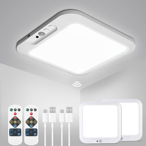 wowatt 2Pcs Rechargeable Battery Operated Ceiling Light, Motion Sensor Light Indoor Wireless Shower Lamp with Remote 3000K 4500K 6500K Dimmable Timing for Closet, Shower, Hallway, Patio - color: Square - 3 Changing Color, size: 2 Pack