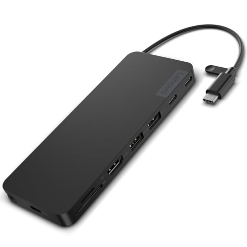 Lenovo USB-C Slim Travel Dock, 8 Ports, Up to 65W PD Pass Through, Integrated USB-C Cable, 4K Display Support, Black - style: Slim Travel Dock