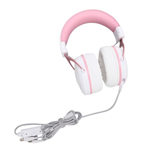 SUNGOOYUE RGB Noise Canceling Gaming Headset, Wired PC Headphones with Microphone, Clear Sound for Gaming Enthusiasts (White Pink with Cat Ears Decor) - color: White Pink with Cat Ears Decor
