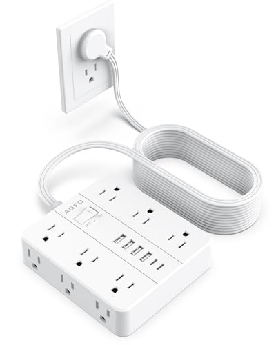 20FT Surge Protector Power Strip,12 AC Outlets with 6 USB Ports (2 USB-C), Flat Plug Extension Cord with Multiple Outlets, Wall Mount for Home Office,Dorm, White - color: White, size: 20FT