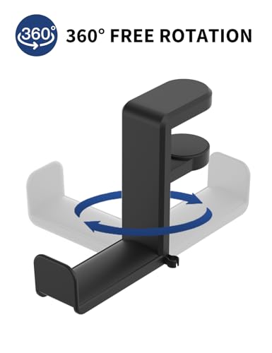 Headphone Hook Under Desk Holder 360-Degree Adjustable Rotation, Black | Fits 0.47-1.57 in desks as headset stand hanger, easy spring clamp, soft rubber pads, built-in loop for cable organizer - color: Black