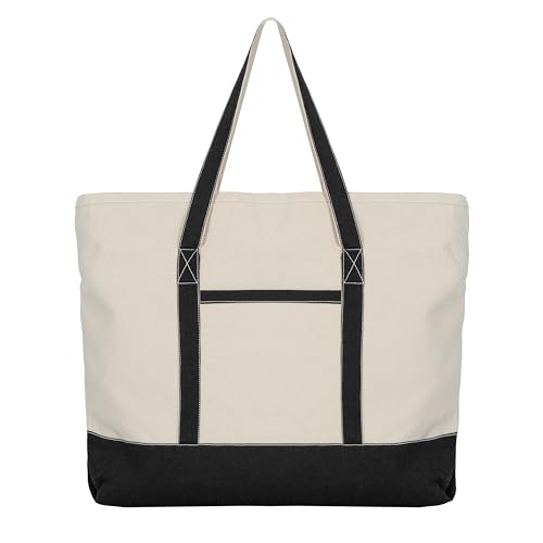 Extra Large Canvas Tote Bags with Zipper - 22 Inches Heavy Duty, Premium Zippered Tote Bag - Zip Top, 100% Organic Cotton, Sturdy, Washable Large Tote Bags - Multipurpose Shopping Bag - color: Black