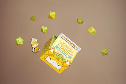 1985 Games Pineapple Kawaii Cat Dice Set – Milk Carton-Inspired Dice for DND | TTRPGs & Tabletop Roleplaying - color: Pineapple