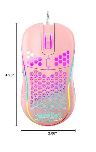 Techsea Honeycomb Wired Gaming Mouse with RGB On/Off Switch, 7200 Adjustable DPI, Ergonomic Lightweight Design & High Precision Sensor for PC/Mac Gamers (Pink) - color: Pink