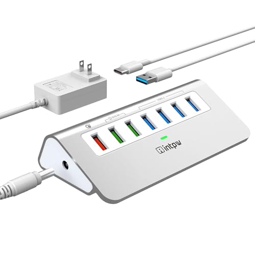 Powered USB Hub 10Gbps, 7 Port USB 3.2 Gen 2 Hub with 4 USB 3.2 Data Ports, 3 Fast Charging Ports, 36W Power Adapter, Type A and Type C Cable, Aluminum USB Hub for Laptop, Mac, PC - color: Silver, size: 4 data + 3 charging