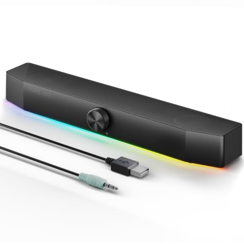 Computer Speakers for Desktop, 2.0 Channel PC Speakers with Bottom Glow LED Light, Clear Sound Soundbar for Desktop Laptop Monitor, 3.5mm Aux Input, USB Powered, Black