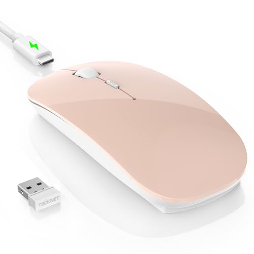 TECKNET Wireless Mouse, 4800 DPI Rechargeable Bluetooth Mouse for Laptop | Bluetooth 5.2/3.0 & 2.4G, Ultra-Thin, 6-Level Adjustable 4800 DPI Computer Mouse for Mac OS, iPad, Windows, Android - color: pink