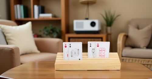 Set of 2 Wooden Playing Card Holders - 4 Tier Card Rack Deck Stand For Adults, Seniors - Hands Free Card Display Tray Game Organizer for Canasta Bridge Poker Uno Go Fish, Family Strategy Card Night