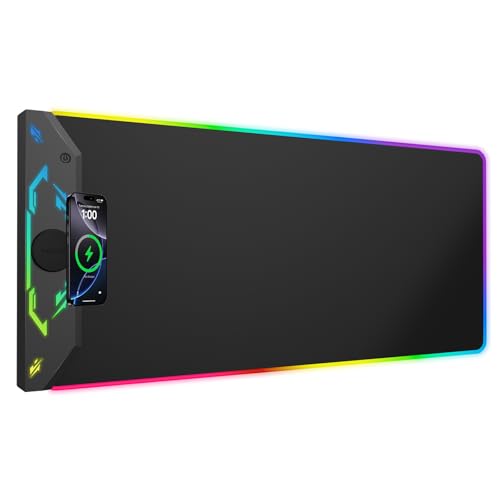 Gaming Mouse Pad RGB, 35"x15.8" Large Keyboard Desk Mat with Magnetic Wireless Charging for iPhone, 24 Light Effects, Non-Slip Base, Waterproof Ultra-Smooth Surface, with Adapter, Black