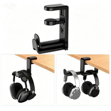 Headphone Holder for Desk, 360° Rotating Dual Hook Under Desk Headset Hanger with Adjustable Clamp, Space-Saving Desk Organizer for Gaming Setup, Office & Study Desk, Black