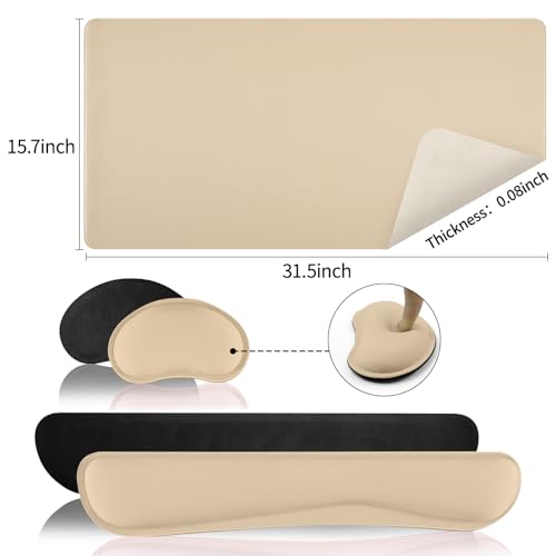 베이지 가죽 책상 패드 및 키보드 손목 받침대, 80cm x 39.9cm | 3in1 마우스 패드 + 키보드 손목 받침대 + 마우스 손목 받침대, 미끄럼 방지 방수 책상 필기 패드 사무실 및 가정용 - color: 베이지 손목 받침대, size: 31.5 x 15.7인치