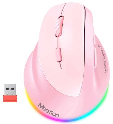 MEETION Left-Handed Wireless Ergonomic Vertical Mouse, Rechargeable - Pink | Dual Bluetooth 5.2/3.0 + USB, RGB lighting, 4 adjustable DPI, compatible with Windows, Mac, PC, iPad and tablets - color: Left Pink