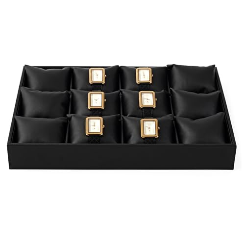 Oirlv Black Leather Watch Organizer Tray for Desktop Display | Smooth leather surface, 13.78×9.45×1.97in, large capacity, ideal for watch storage, desktop display & jewelry showcase - style: P01709