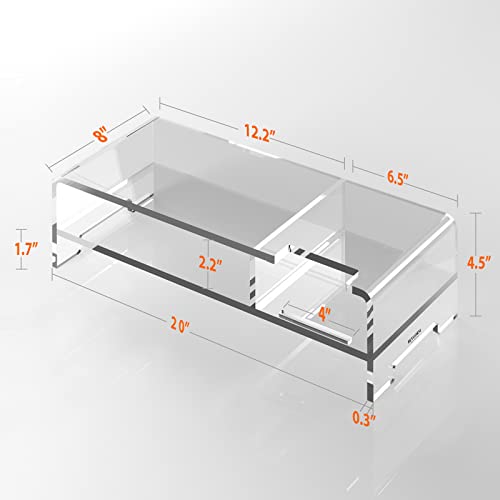 BEYGORM Acrylic Monitor Stand for Full Keyboard, 20" Wide 2-Tier | Clear Riser with Storage Shelf and Phone Holder, Desktop Organizer for Laptop, Printer & Screen
