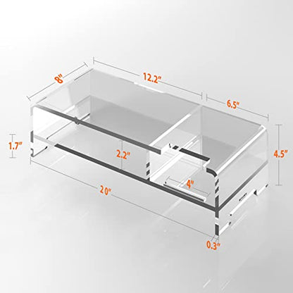 BEYGORM Acrylic Monitor Stand for Full Keyboard, 20" Wide 2-Tier | Clear Riser with Storage Shelf and Phone Holder, Desktop Organizer for Laptop, Printer & Screen