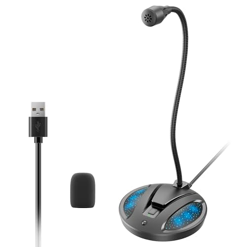 Plug & Play USB Computer Microphone, Flexible Gooseneck Desk Microphone for Podcasting, Streaming, Conference, Noise Canceling Microphone with Mute Button LED for PC/Mac