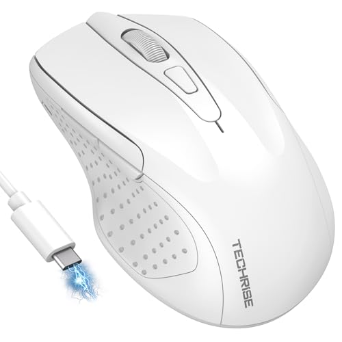 TechRise Bluetooth Mouse (BT5.0/3.0 & 2.4G) Rechargeable Wireless Mouse 2.4GHz with USB A Receiver, 4800 DPI Optical Tracking, 6 Adjustable DPI, Quiet Clicks, 6 Buttons, Wide Compatibility - White - color: White