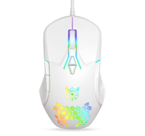 Wired USB Mouse, Computer Mouse with RGB Lighting, 4 Adjustable DPI, Ergonomic Optical Office Mouse, 7 Buttons Corded Mice for Window/PC/Laptop/Desktop/Mac/Chromebook, White - color: White