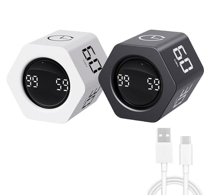 Productivity Timer Flip Gravity Sensor Cube Timer Countdown & Countup,Mute & Vibrate & Sound，5/10/30/60min & Custom Timing, Perfect for ADHD,Work,Learning,Kitchen Cooking (2, White +Black Hexagon) - color: White+black Hexagon