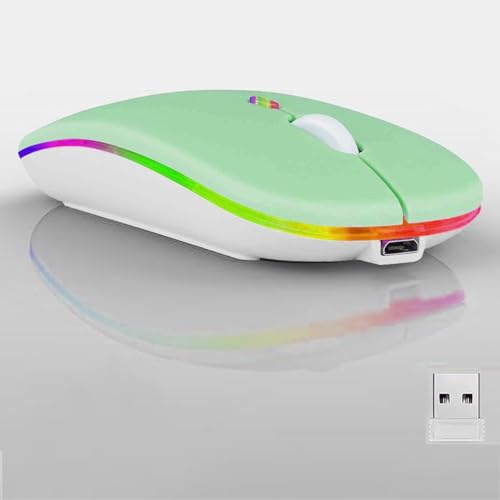 Guiheng Wireless Bluetooth Mouse,LED Dual Mode Rechargeable Silent Slim Laptop Mouse,Portable(BT5.2+USB Receiver) Dual Mode Computer Mice,for Laptop,Desktop Computer,ipad Tablet,Phone,TV (Green) - color: green