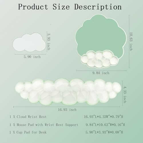 Gel Cloud Wrist Rest Keyboard Clear Green Mouse Pad with Wrist Rest Set 3PCS Ergonomic Cool Keyboard Wrist Pad Cute Acrylic Coaster Non-Slip Base Cute Transparent Mouse Wrist Pad Support for Computer - color: 3pcs Gel Green
