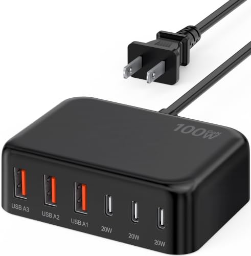 [2026 Updated] USB C Fast Charger, 100W GaN 6 Port Type C Charging Station Hub Block Cube, USB C Wall Charger Power Strip Adapter Plug for iPad iPhone 17 16 15 14 Pro Max Pixel Note Galaxy, 5ft Cord - color: B-Black, size: 100W