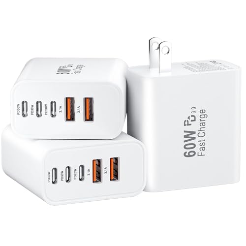 USB C Fast Wall Charger Block, 3Pack 60W USBC Charging Cubes, 5-Port PD+QC Power Adapter Multiport Brick Type C Box Plug for Phone 17/16/15/14/13/12/11/Pro Max/Plus, Pad Mini/Pro/S25/S24-White - color: White-3Pack