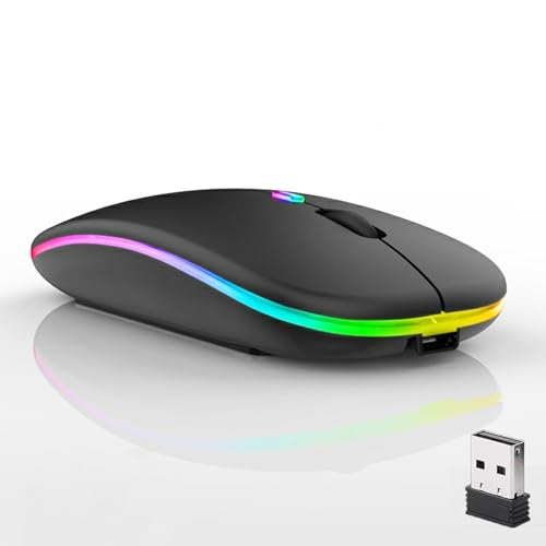 Guiheng Wireless Bluetooth Mouse,LED Dual Mode Rechargeable Silent Slim Laptop Mouse,Portable(BT5.2+USB Receiver) Dual Mode Computer Mice,for Laptop,Desktop Computer,ipad Tablet,Phone,TV (Black) - color: black