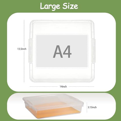 4 Pack Board Game Storage, Large Plastic Storage Bins with Latching Lid (14x13.5x3.15 in), Stackable Paper Storage Box for 12x12 Paper, Board Game, Art Supply, Puzzle, Documents