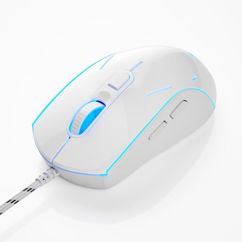 Wired Gaming Mouse, Ergonomic USB Optical Mouse with 7 Colors Breathing LED Backlit, 6 Adjustable Speed Levels from 600 to 3200 for Laptop PC - color: White