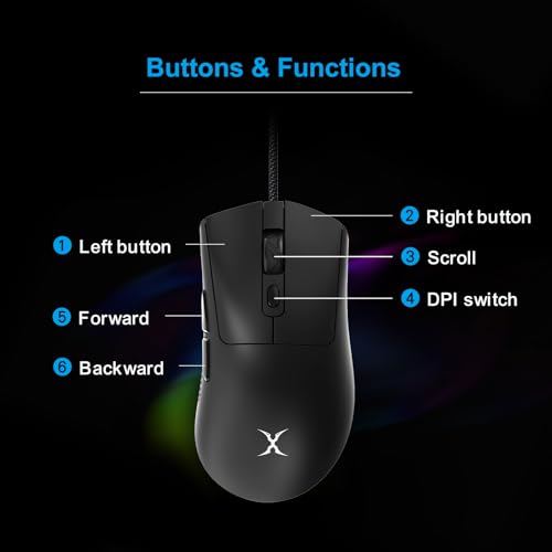 FOXXRAY SM-91 RGB Gaming Mouse, 60g Ultra-Lightweight Wired Mouse, 7200 DPI, 7 Programmable Buttons, Anti-Slip Side Grips, 6ft (1.8m) Braided Cable, Ergonomic Gaming Mouse for Windows/PC/Laptop