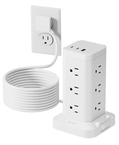 Power Strip Tower with Surge Protector 1800J, Fast Charging Tower PD20W USB-C Ports with 12 AC Outlets, Extension Cord for Home Office Dorm Room, 10ft, White - color: White, size: 10ft