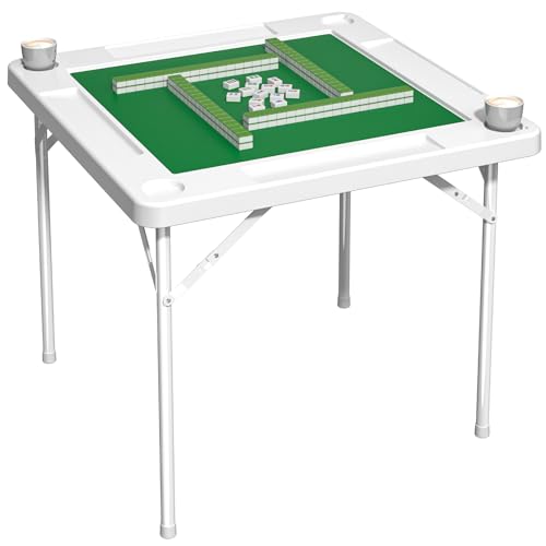 Mahjong Table, 35.4" Square Folding Card Table with Green Felt, Chip Trays, 4 Cup Holders, Multi-Game, Domino and Poker Tables for 4 Players, Portable Foldable Tables for Jigsaw Puzzles - color: White