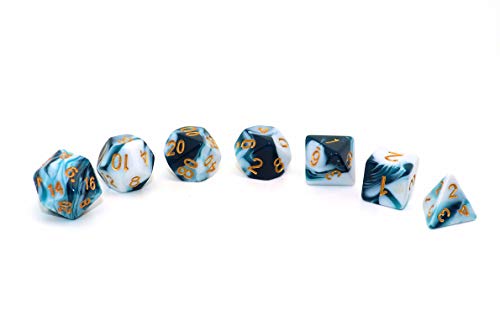 D&D Dice Set Teal White Dice for Dungeon and Dragons DND 7-Die RPG Dice D20 D12 D% D10 D8 D6 D4 - color: Teal Mixed White