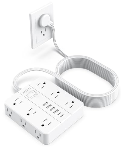 25FT Surge Protector Power Strip,12 AC Outlets with 6 USB Ports (2 USB-C), Flat Plug Extension Cord with Multiple Outlets, Wall Mount for Home Office,Dorm, White - color: White, size: 25FT