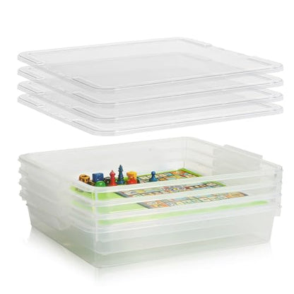 4 Pack Board Game Storage, Large Plastic Storage Bins with Latching Lid (14x13.5x3.15 in), Stackable Paper Storage Box for 12x12 Paper, Board Game, Art Supply, Puzzle, Documents