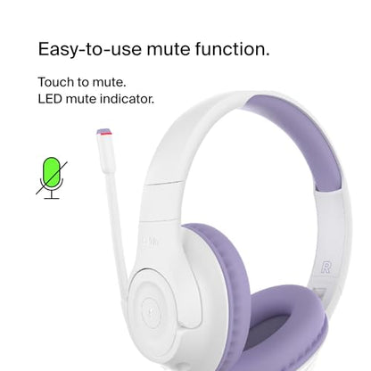 Belkin SoundForm Inspire Bluetooth Kids Headphones, 35H Battery Life | Over-ear wireless headset, built-in mic, 85dB safe volume limit, online learning, travel, iPad, iPhone, Galaxy - color: Lavender, style: Wireless