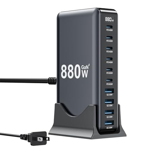 880W USB C Charger Block,10-Port USB C Charging Station GaN IV Travel Essentials Multiple Port Charging Station,140W Laptop Fast Charger Adapter for MacBook Pro/Air,DELL,iPad,iPhone,Samsung Galaxy - color: Black