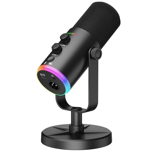 Dynamic Microphone, USB-C/XLR Podcast Recording PC Microphone for Podcast Recording Streaming Gaming with RGB Light, Mute Button, Desktop Stand, Headphones Jack, Vocal Mic for Singing Tiktok YouTube