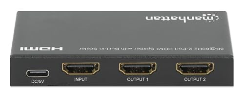 Manhattan HDMI Splitter with Scaler 1 in 2 Out, 8K 60Hz 4K 120Hz, EDID Control, HDR, HDCP 2.3, 48 Gbps, Metal Housing - 208468 - size: 1 In x 2 Out