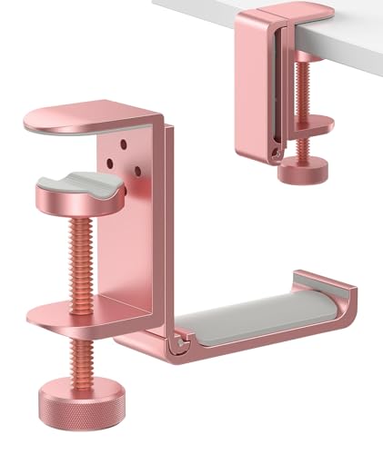 Foldable Headphone Stand and Hook – Aluminum Headset Holder Clamp Mount Under Desk, Universal Fit for Gaming Headphones, Space-Saving Hanger Organizer - color: Pink