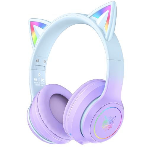 Cat Ear Bluetooth Headphones with Micphone for Kids & Adults, LED Light Up Wireless HI-FI Sound Quality, Over-Ear Headphones with Volume Control for iPhone/iPad/Laptop/PC(55H Play Time) - style: Adults-105dB-Purple