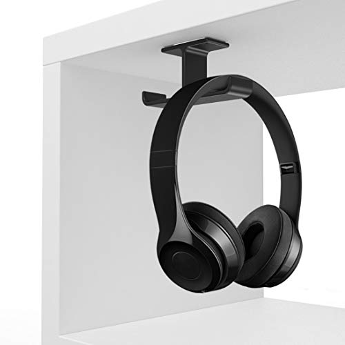 Dual Headphone Hanger Stand for Under Desk, Aluminum Adhesive Headset Hook Mount with Screw Option, Space-Saving PC Gaming Accessories for All Headphones, Black